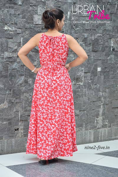 Floral Print Red Polymoss Floor Length dress. Shoulderless. String on Neck. Sleeveless.. It can be machine washed in cold water. Model of 5 feet 4 inches is wearing S Size