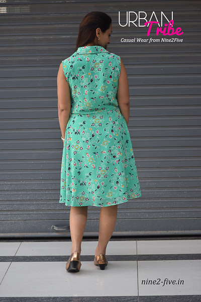 Floral Print Light Green Georgette Shirt Collar Short Dress . White Yoke. Sleeveless. Crepe Lining. It can be machine washed in cold water. Model of 5 feet 4 inches is wearing S Size
