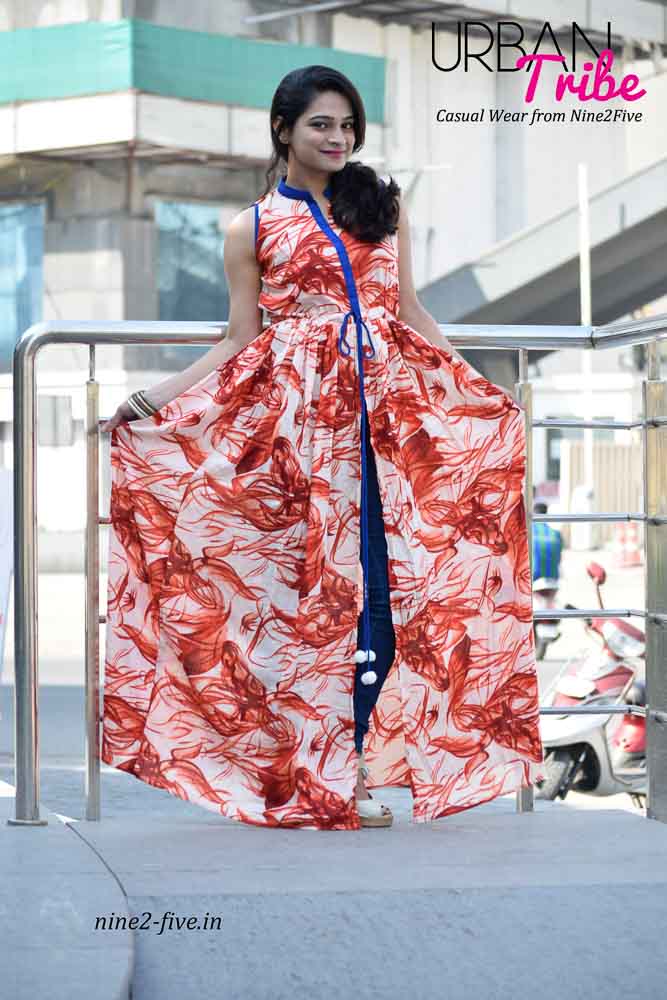 Nine2Five Dress, Red Floor Length Dress, Long dress, Floor Length Dress, Printed Dress